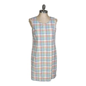 LL Bean Fully Lined Sleeveless Cotton Plaid Pastel Spring Summer Dress Size 12